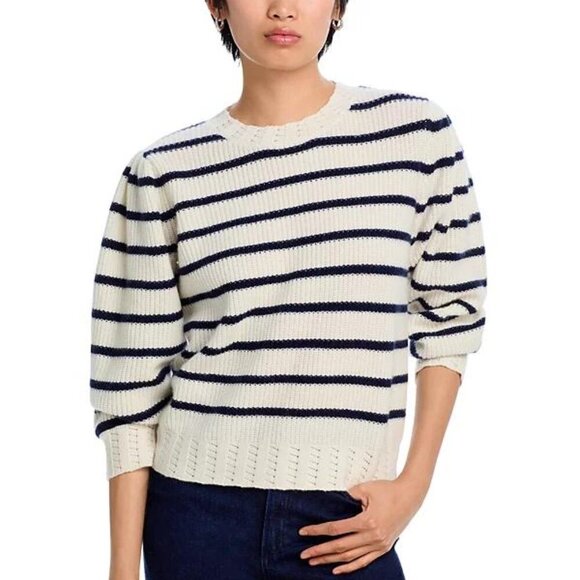 Aqua Cashmere Puff Sleeve Striped Sweater Ivory/Peacoat Size Large NWT - Picture 1 of 6